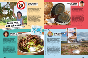 Doppelseite aus dem Kindermagazin "echt jetzt?" für die Grundschule mit einer Darstellung über Lebensmittel aus der ganzen Welt