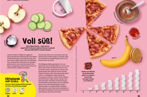 Doppelseite aus dem Kindermagazin "echt jetzt?" mit einer Darstellung über den Zuckergehalt in Lebensmitteln