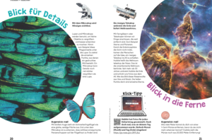 Doppelseite über Mikroskope und Teleskope aus dem Kindermagazin "echt jetzt?"
